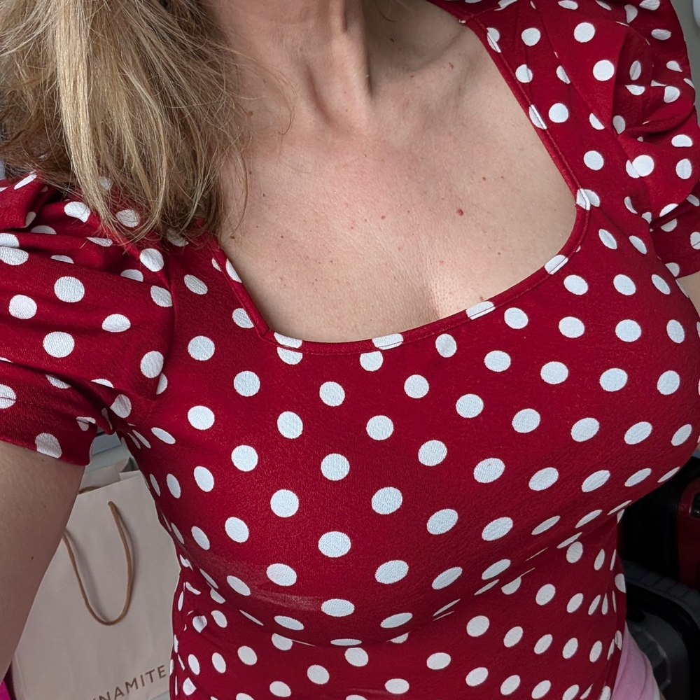 SHEIN Red & White Polka Dot Square Neck Top